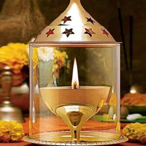 Akhand Diya Decorative Brass & Glass Oil Lamp 5 Inch with Borosilicate Glass