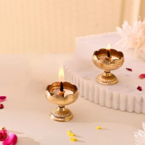 Brass Lotus Diya for Puja Set of 2 - Lotus Flower Diya for Pooja