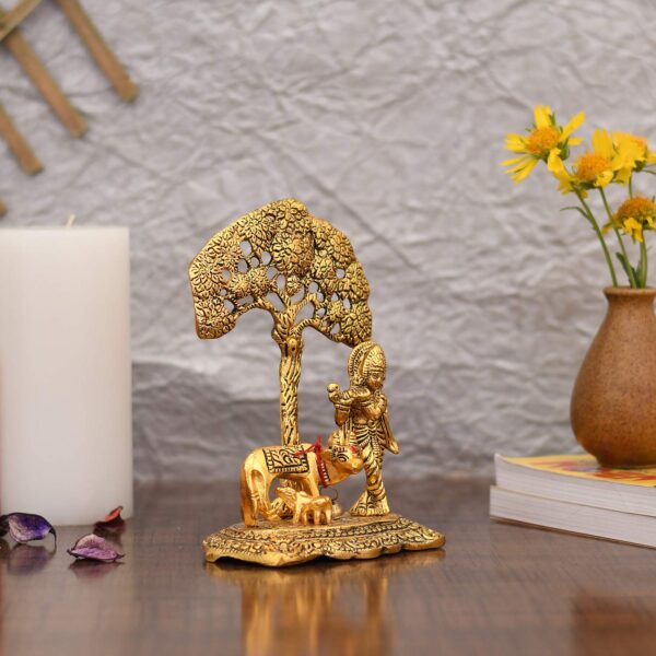 India Gift Items Metal Krishna Idol Murti with Kamdhenu Cow - Image 3