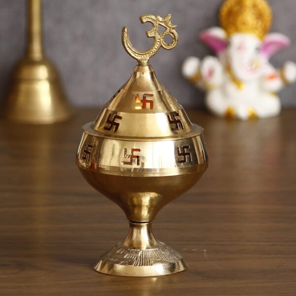 Golden Om and Swastik Symbol Decorative Brass Diya - Akhand Diya for Puja