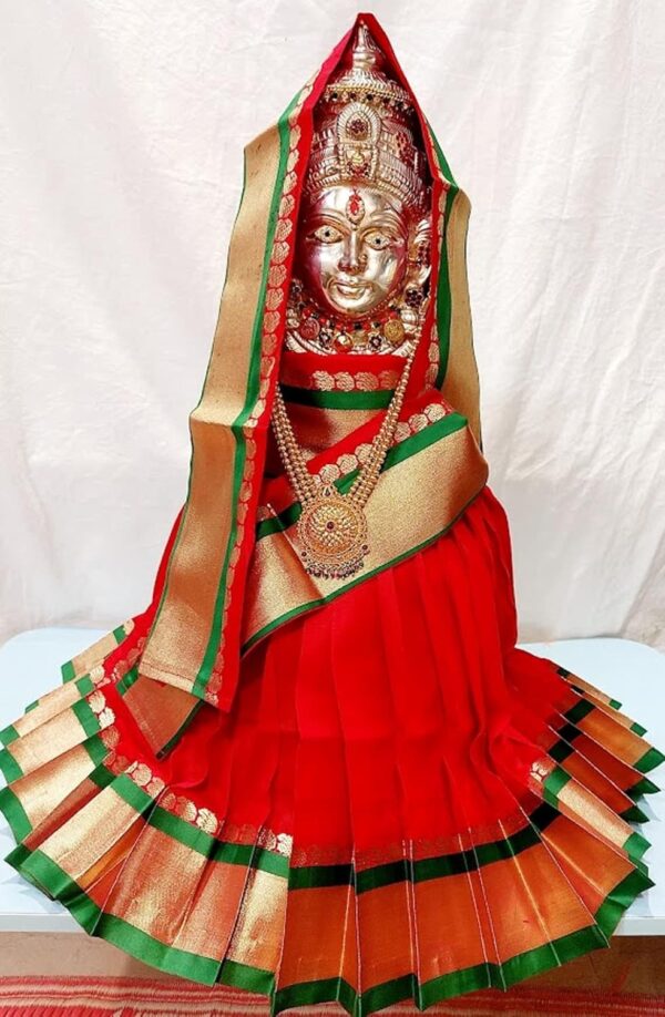 Navaratri Goddess Kalash Women's Silk Saree , Mata Rani Poshak, Maa Laxmi, Durga, Saraswati, Radha Chunri Patka and Lehenga/Ghagra Dress - Image 3