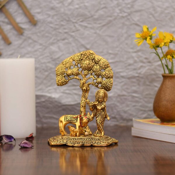 India Gift Items Metal Krishna Idol Murti with Kamdhenu Cow - Image 2