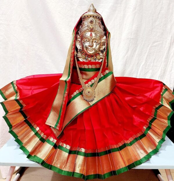 Navaratri Goddess Kalash Women's Silk Saree , Mata Rani Poshak, Maa Laxmi, Durga, Saraswati, Radha Chunri Patka and Lehenga/Ghagra Dress