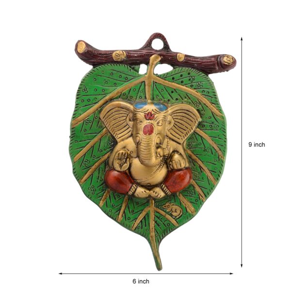 Metal Golden Lord Ganesha in Red Dhoti On Green Leaf Ganesha Wall Hanging - Image 4