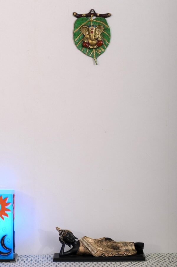 Metal Golden Lord Ganesha in Red Dhoti On Green Leaf Ganesha Wall Hanging - Image 2