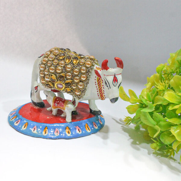 Decorative White Metal Cow and Calf Statue, Crystal Embellished, Traditional Religious Figurine