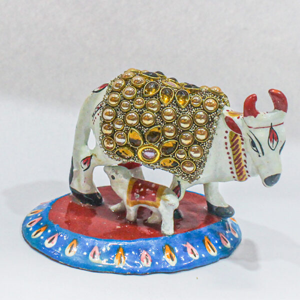 Decorative White Metal Cow and Calf Statue, Crystal Embellished, Traditional Religious Figurine - Image 2