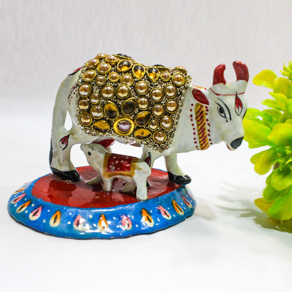 Decorative White Metal Cow and Calf Statue, Crystal Embellished, Traditional Religious Figurine - Image 3