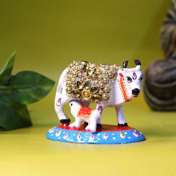 Decorative White Metal Cow and Calf Statue, Crystal Embellished, Traditional Religious Figurine - Image 4