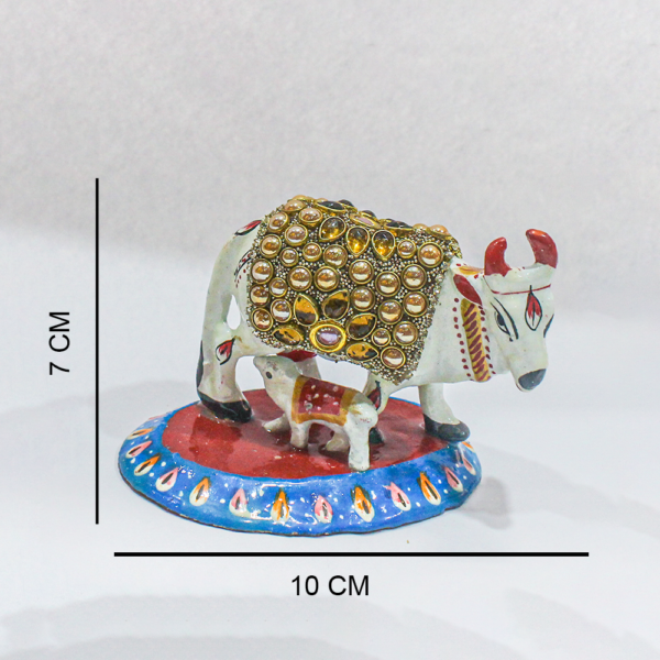 Decorative White Metal Cow and Calf Statue, Crystal Embellished, Traditional Religious Figurine - Image 5