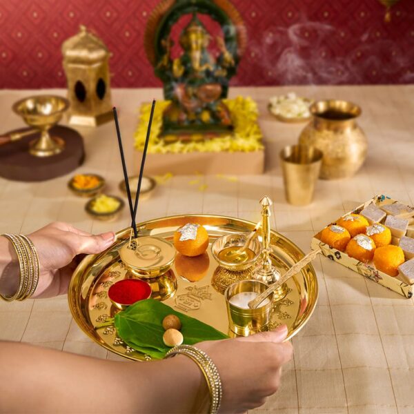 Aarti Thali for Mandir | Pooja Thali with Diya, Aggarbati Stand, Spoon, Glass, Bowl, and Bel - Image 4