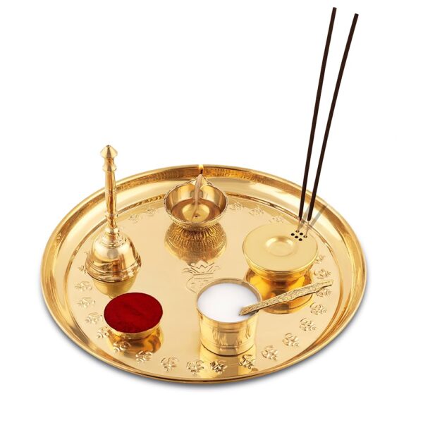Aarti Thali for Mandir | Pooja Thali with Diya, Aggarbati Stand, Spoon, Glass, Bowl, and Bel - Image 2