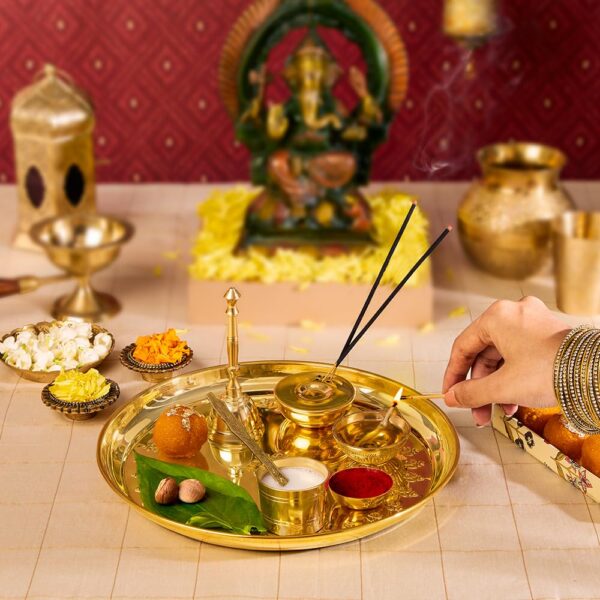 Aarti Thali for Mandir | Pooja Thali with Diya, Aggarbati Stand, Spoon, Glass, Bowl, and Bel - Image 5
