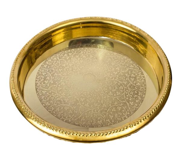 Tia Crafts Brass Pooja Thali with Floral Carved Design, Decorative Aarti Plate - Image 2
