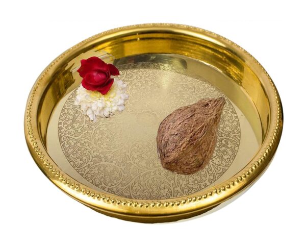 Tia Crafts Brass Pooja Thali with Floral Carved Design, Decorative Aarti Plate