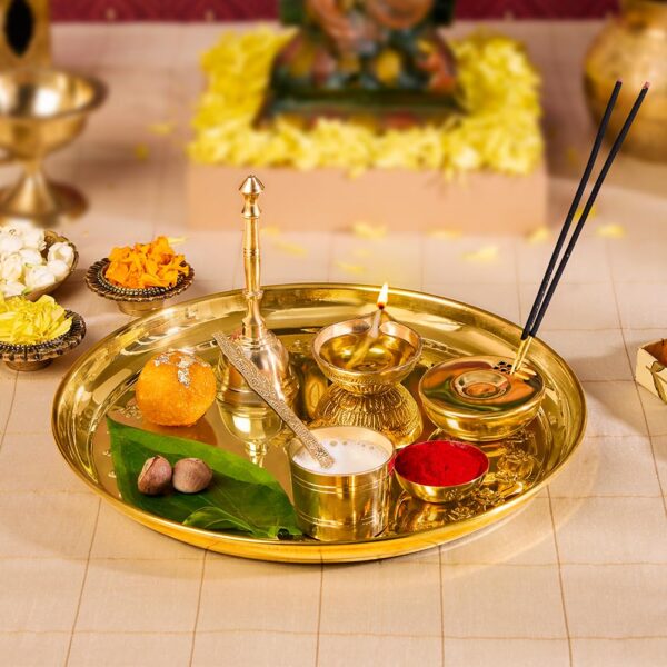 Aarti Thali for Mandir | Pooja Thali with Diya, Aggarbati Stand, Spoon, Glass, Bowl, and Bel