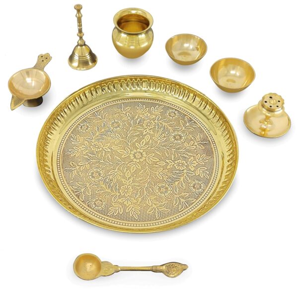 Pital Design Plate Kalash Chandan Wati Dhup Dan Diya Ghanti Palli Arti Thali - Image 3