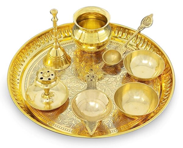 Pital Design Plate Kalash Chandan Wati Dhup Dan Diya Ghanti Palli Arti Thali - Image 2