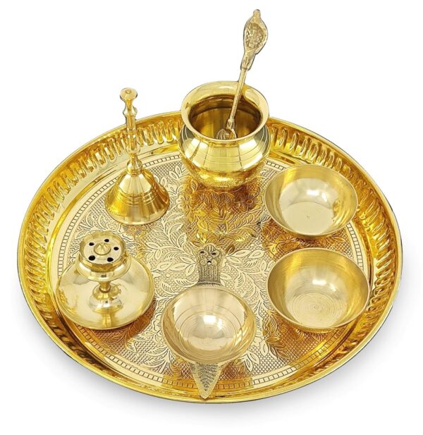 Pital Design Plate Kalash Chandan Wati Dhup Dan Diya Ghanti Palli Arti Thali