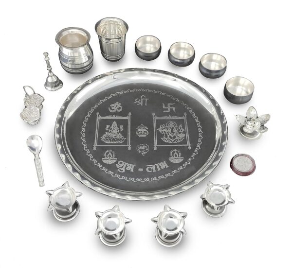 Pooja Thali Set Silver Plated 12 Inch with Puja Thali Kalash Glass Bowl Diya Dhup Dan Haldi Kumkum Stand Ghanti Spoon Coin - Image 3