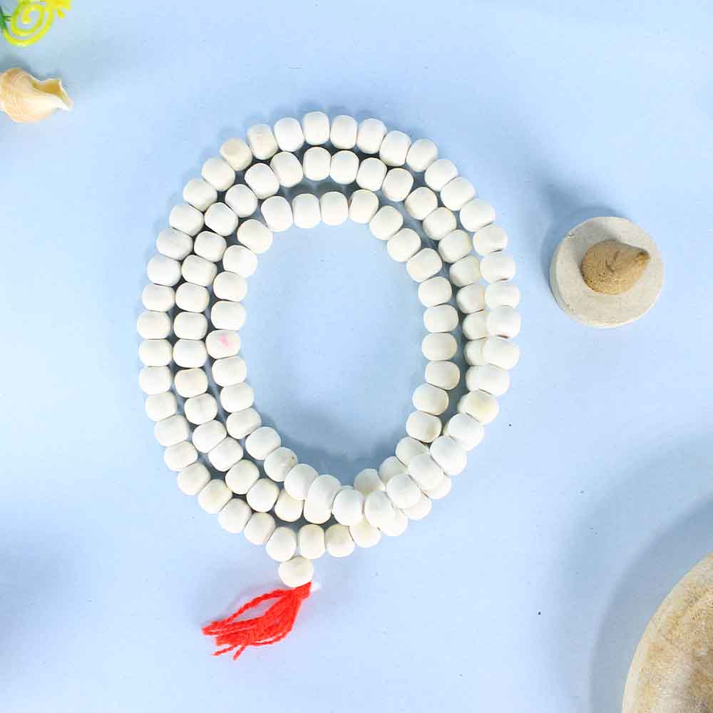 Sacred White Wooden Jap Mala – 108 Handcrafted Beads